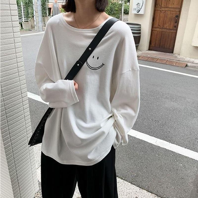笑脸长袖t恤女2025秋季韩版新款圆领宽松女士外贸打底衫学生上衣