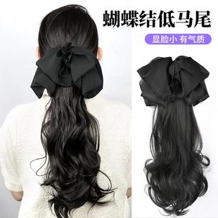 马尾假发女网红蝴蝶结低马尾抓夹自然挑染大波浪卷发高辫子中长发