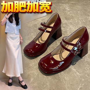 法式 玛丽珍鞋 酒红色百搭显粗跟单鞋 高跟定制 女胖脚大码 B888
