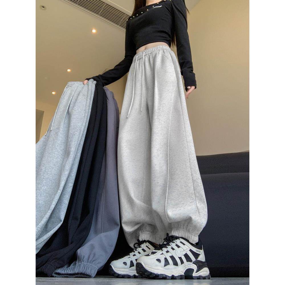 美式灰色运动裤女秋冬宽松加绒束脚2025新款高腰显休闲防风卫裤定