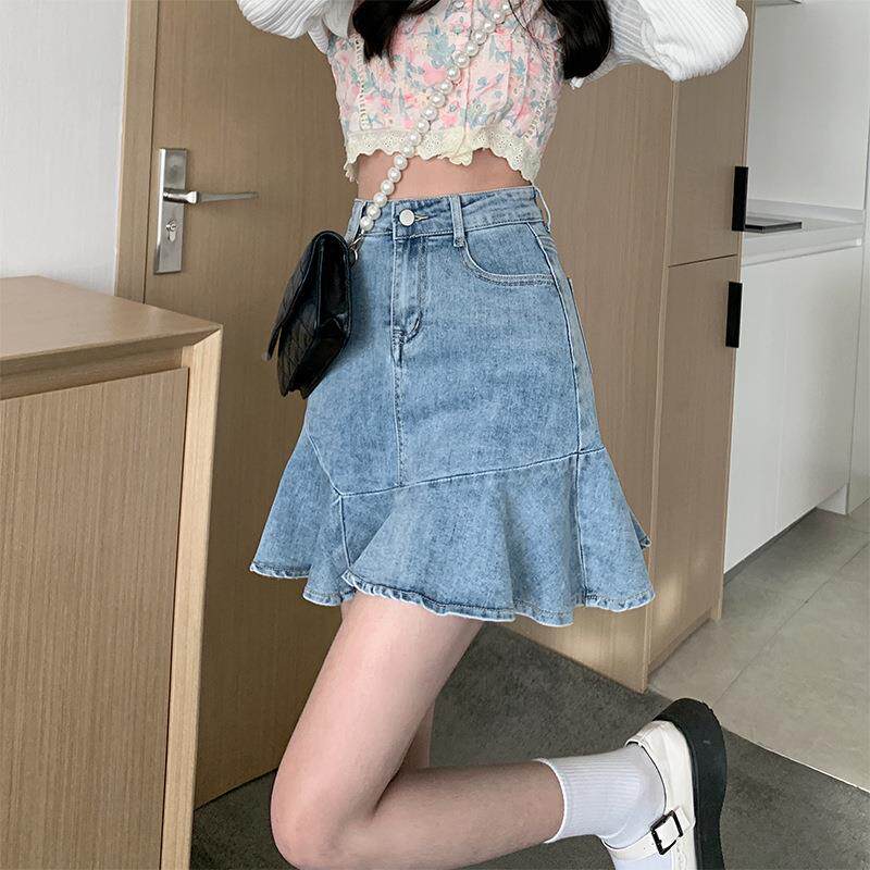 2025夏大码女装胖mm弹力牛仔半身裙荷叶边鱼尾裙百褶a字裙 有内衬