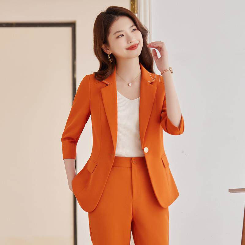 橘色西装套装女夏薄款2026新款七分袖小个子短款职业通勤女士西服