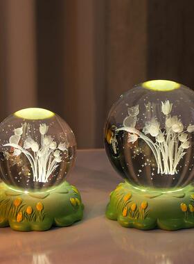 玫瑰花田园风新款内雕球小夜灯氛围灯树脂工艺品摆件礼物定制