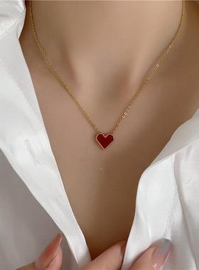 韩版时尚简约钛钢镀18k金红色爱心项链复古法式显白桃心锁骨定制