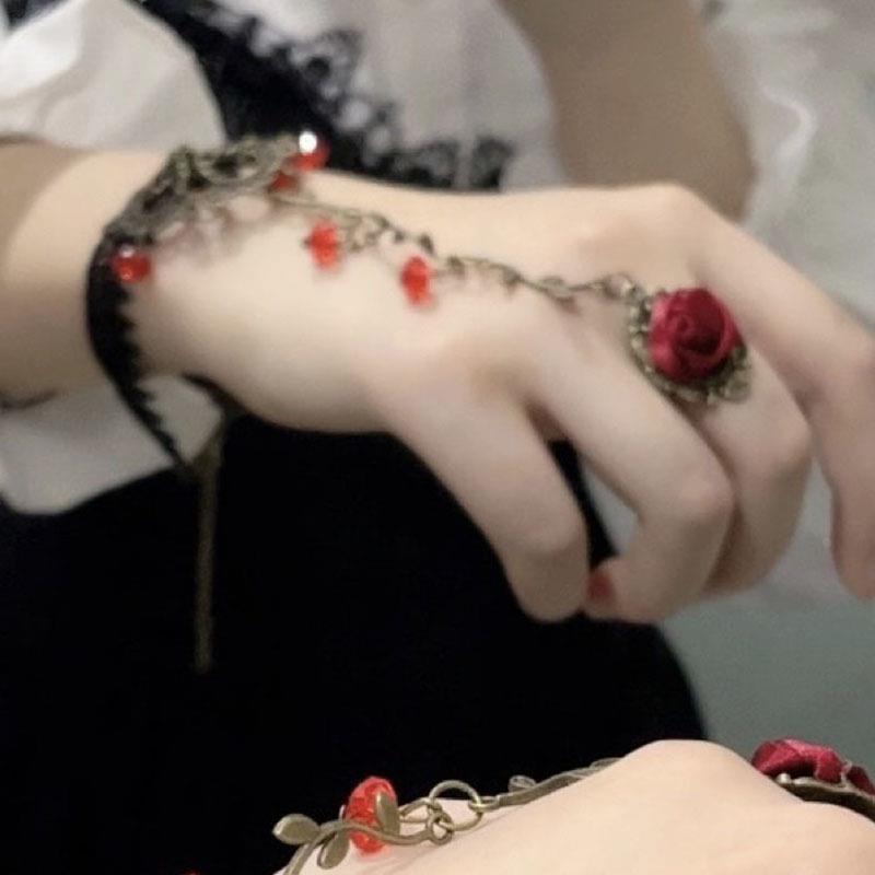 暗黑设计lolita荆棘玫瑰手链戒指一体复古哥特风花朵手镯演出定制