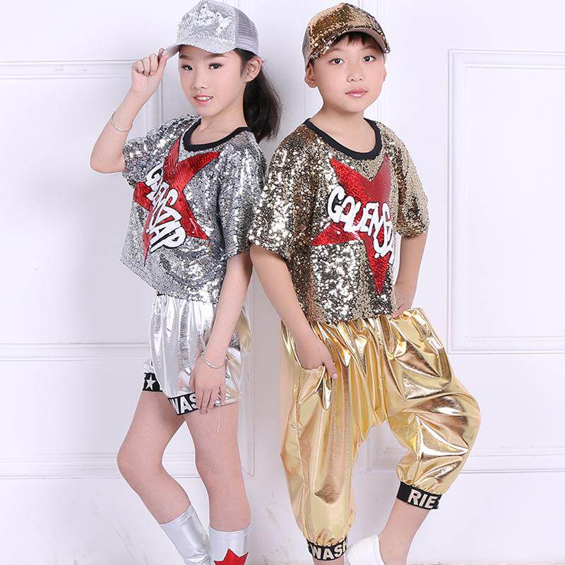 夏季新款儿童街舞服装男女童亮片嘻哈韩版个性短袖爵士演出服潮定
