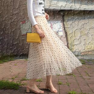 韩版 新款 网纱百褶裙中高腰显 半身裙2027 波点a字裙纱裙女