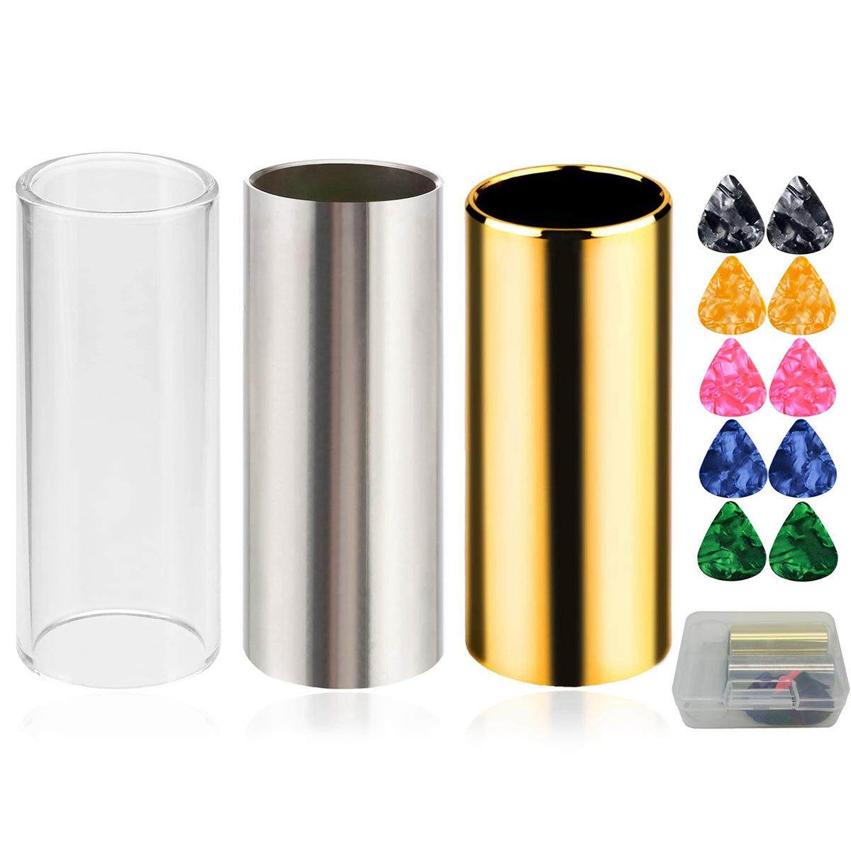 3个装 玻璃+不锈钢+铜滑棒 滑轨 电吉他滑块,60mm中号+10片拨片定