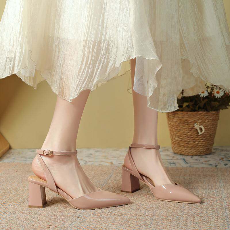 尖头粗跟裸色高跟鞋包头后空一字带夏季新款优雅时尚配裙子凉鞋女
