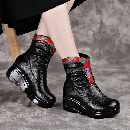 成凤牛皮黑色秋冬加绒后拉链短靴