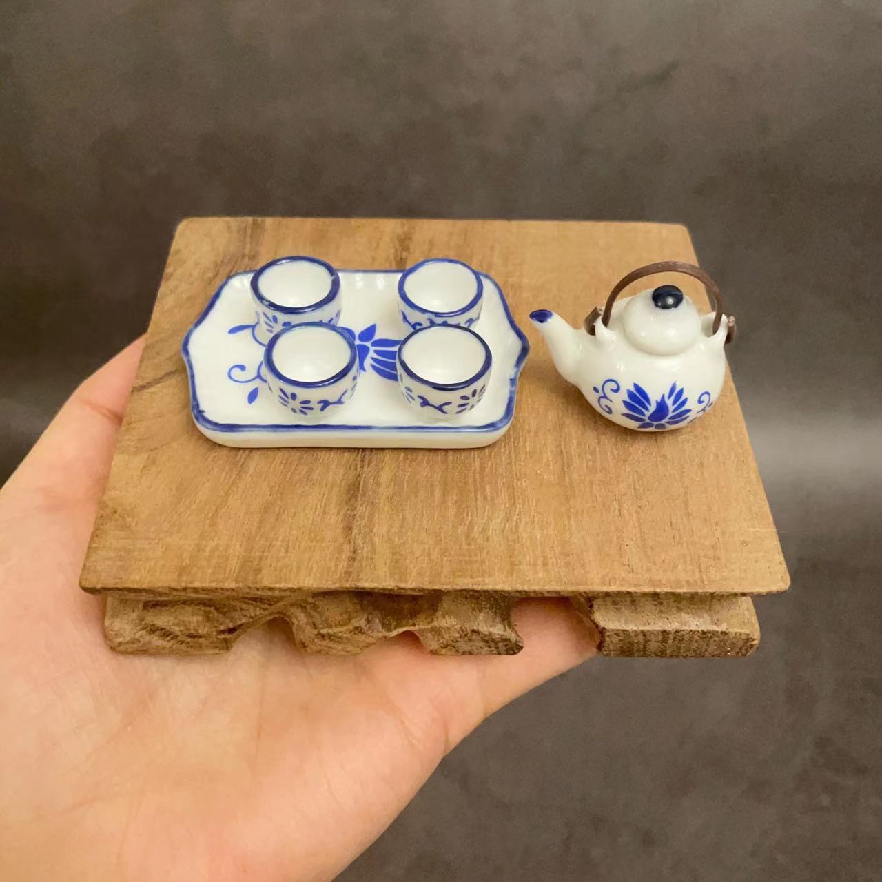 迷你陶瓷配件蓝色中式套装娃娃屋