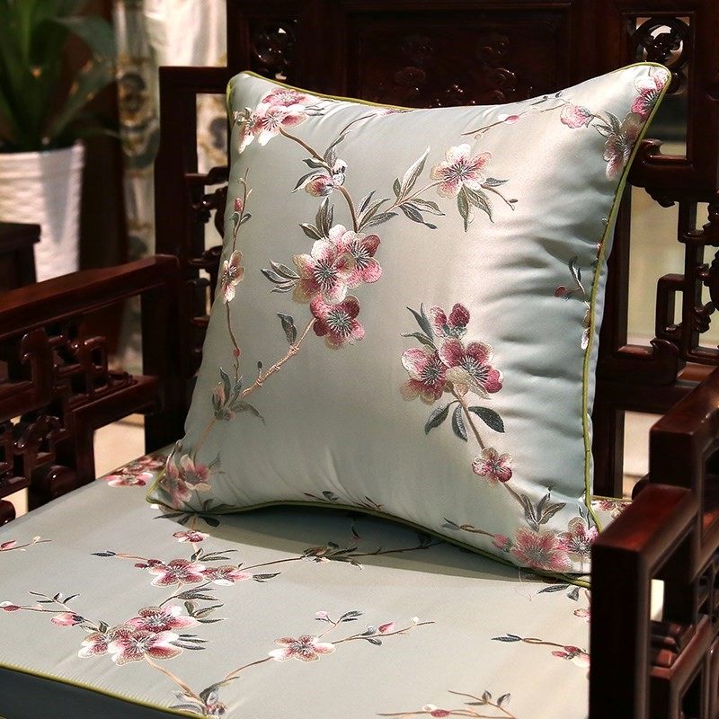 新中式桃花刺绣抱枕红木沙发靠垫仿古圈椅腰靠枕欧式软头软包靠背