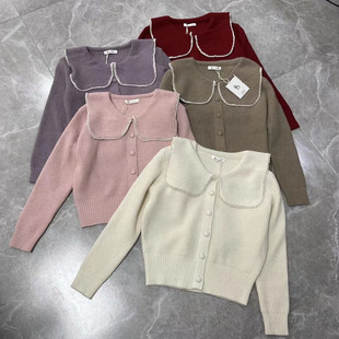 缤典2022秋冬新款钉珠大翻领毛衣外套女甜美风娃娃领针织开衫显瘦