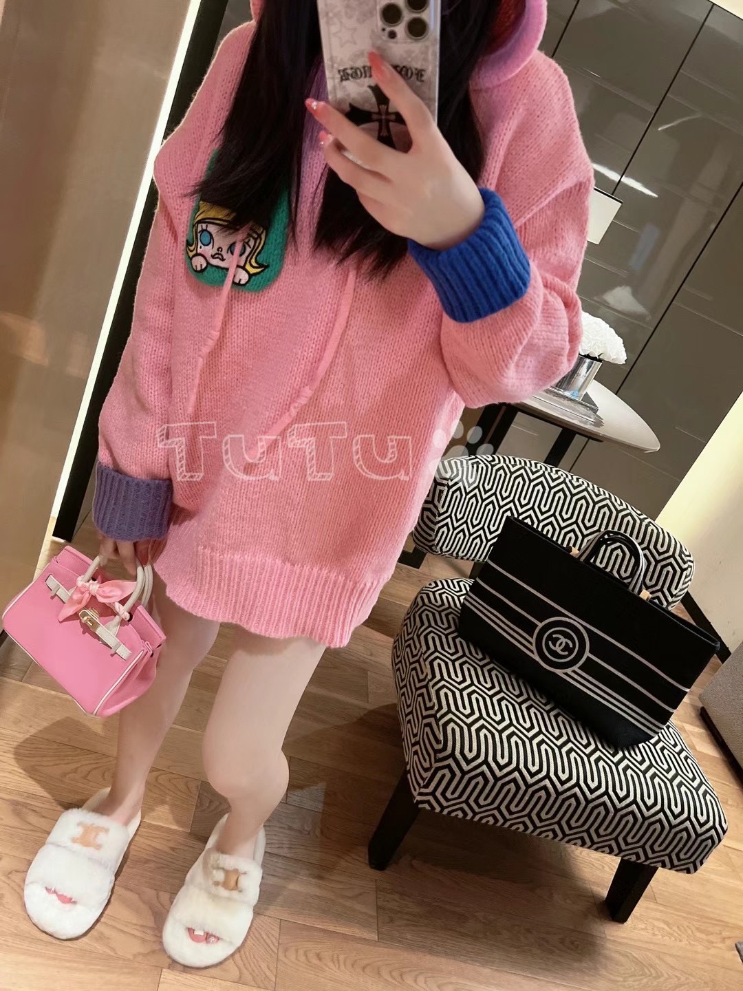 tutu欧货2022秋刺绣卡通拼色毛衣外套女连帽中长款宽松减龄针织衫