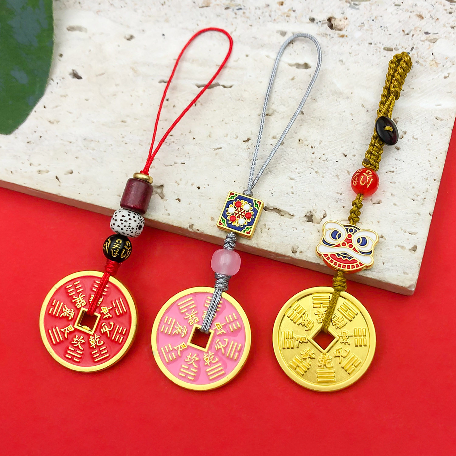 中国风复古三色醒狮山鬼花钱吊坠配饰车钥匙挂饰钥匙扣手机链挂件
