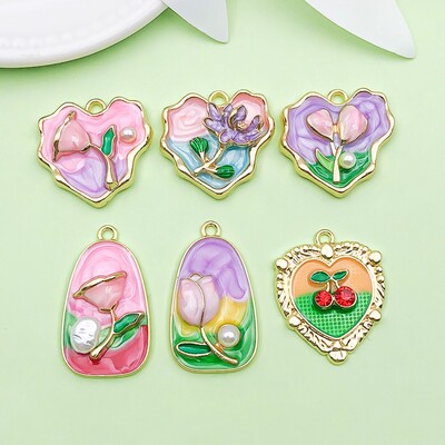 混6个彩色滴油合金挂镀油画风爱心花朵吊坠挂件diy手工饰品配件