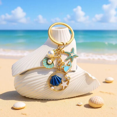 海洋生物蓝色鲸鱼海星珍珠合金钥匙扣创意背包汽车钥匙扣饰品挂件