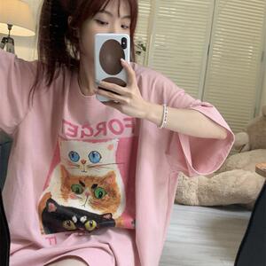 猫咪印花短袖粉红色t恤女夏季新款设计感中长款T恤女学生班服上衣