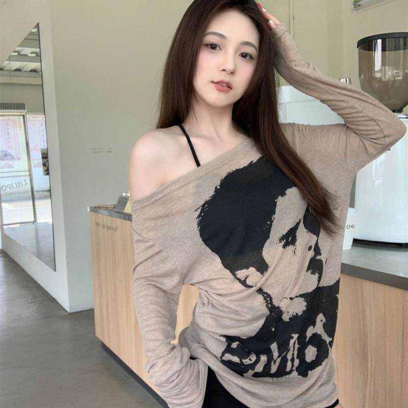 2026夏款美式慵懒风长袖T恤女复古高街防晒罩衫宽松辣妹露肩上衣