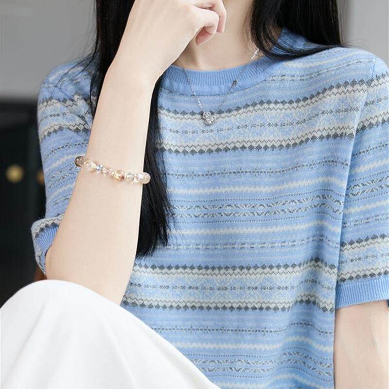 冰丝针织条纹短袖T恤女2026夏季新款小个子短款正肩半袖体恤上衣