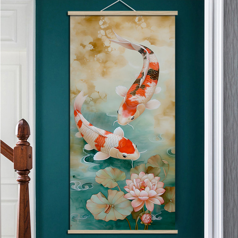 锦鲤戏莲卷轴挂画玄关走廊过道装饰简约风新中式年年有余吉祥祝福