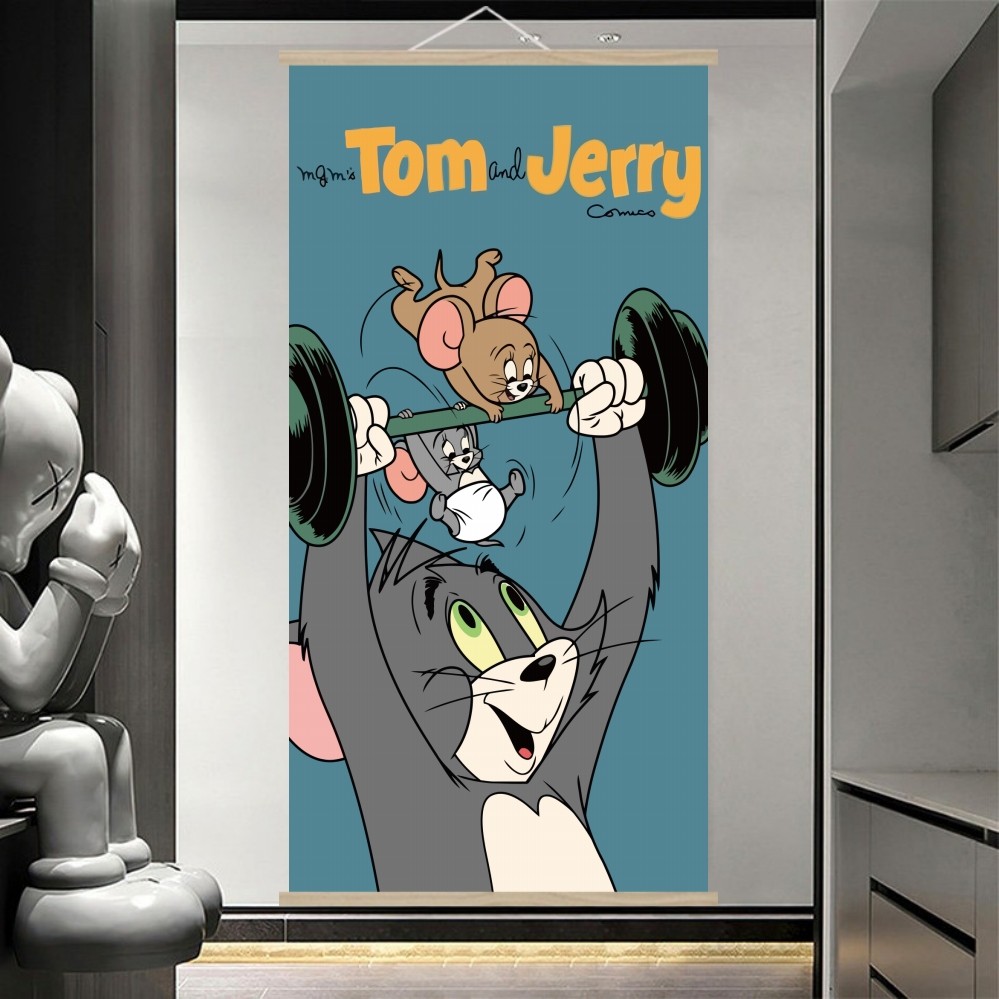 猫和老鼠装饰卷轴挂画儿童房玄关客厅走廊过道装饰油画布家装礼物