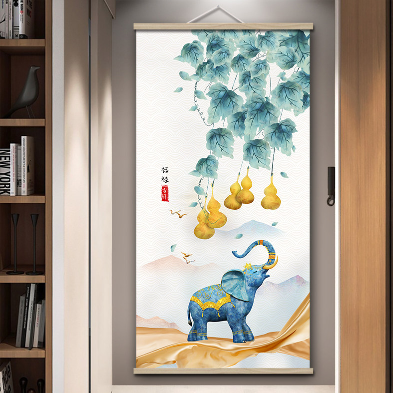 福禄吉祥大象画油画布实木卷轴挂画客厅玄关办公室个性礼物新中式