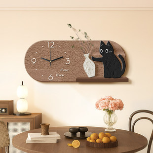 奶油中古风餐厅装饰画带时钟猫咪法式复古壁挂画静音钟表客厅挂钟