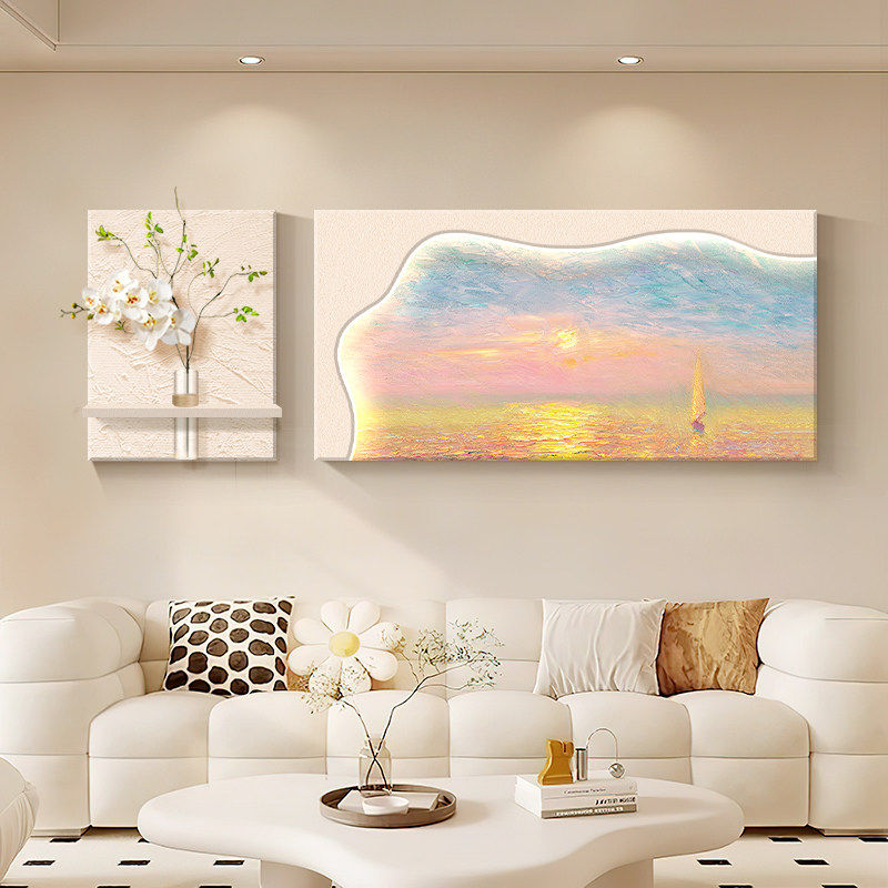 奶油风客厅装饰画海景肌理砂岩壁画水培绿植沙发背景墙挂画高级感,家居饰品,现代装饰画,淘宝优惠券,粉丝福利购,淘宝优惠卷