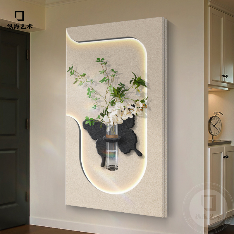 水培绿植玄关装饰画奶油风小清新蝴蝶走廊过道挂画立体砂岩壁灯画