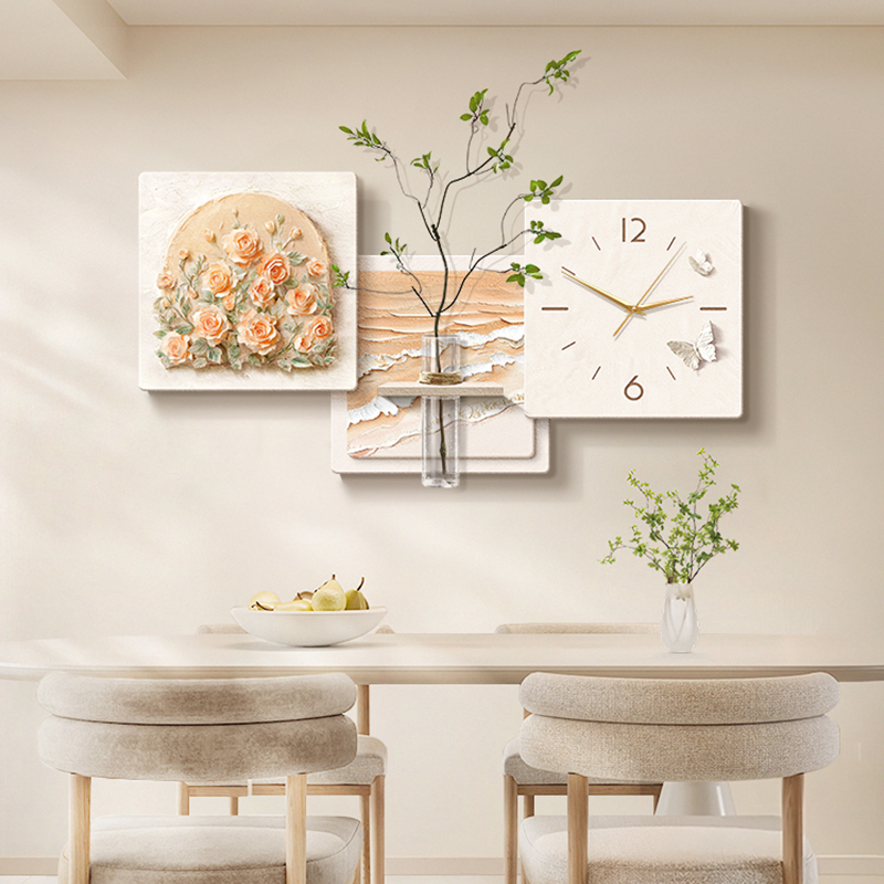 北欧奶油风餐厅装饰画时钟肌理花卉饭厅餐桌挂画钟表壁画2025新款