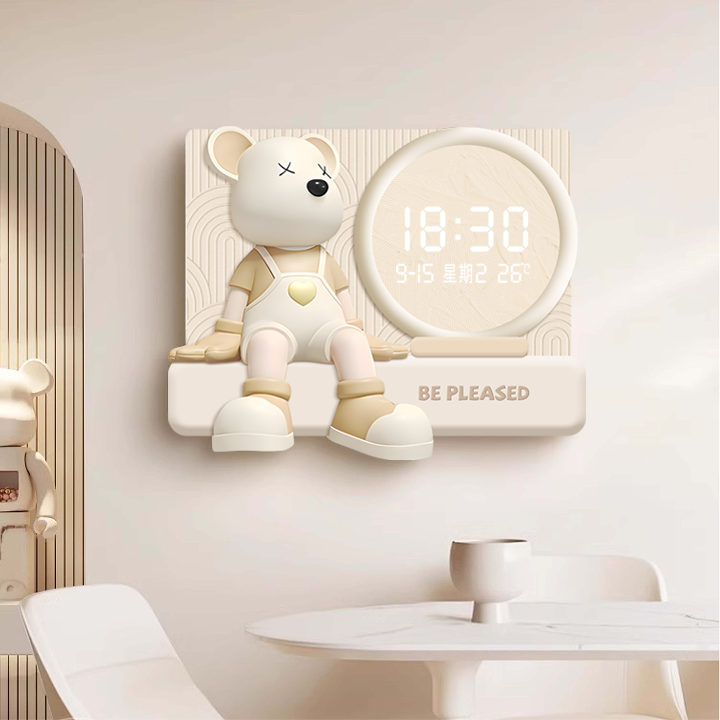 奶油风电表箱装饰画暴力熊带钟表餐厅配电箱遮挡电闸箱时钟挂画