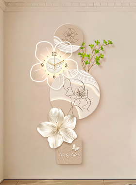 奶油风玄关装饰画高级感人物钟表客厅挂画简约现代走廊过道壁画灯