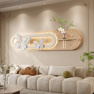 奶油中古风客厅装饰画蝴蝶立体砂岩壁灯法式沙发背景墙挂画高级感