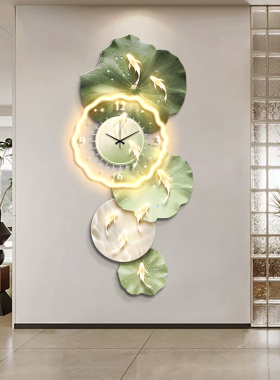 九鱼荷花图壁灯挂钟创意轻奢现代装饰画 智能语音控制灯画
