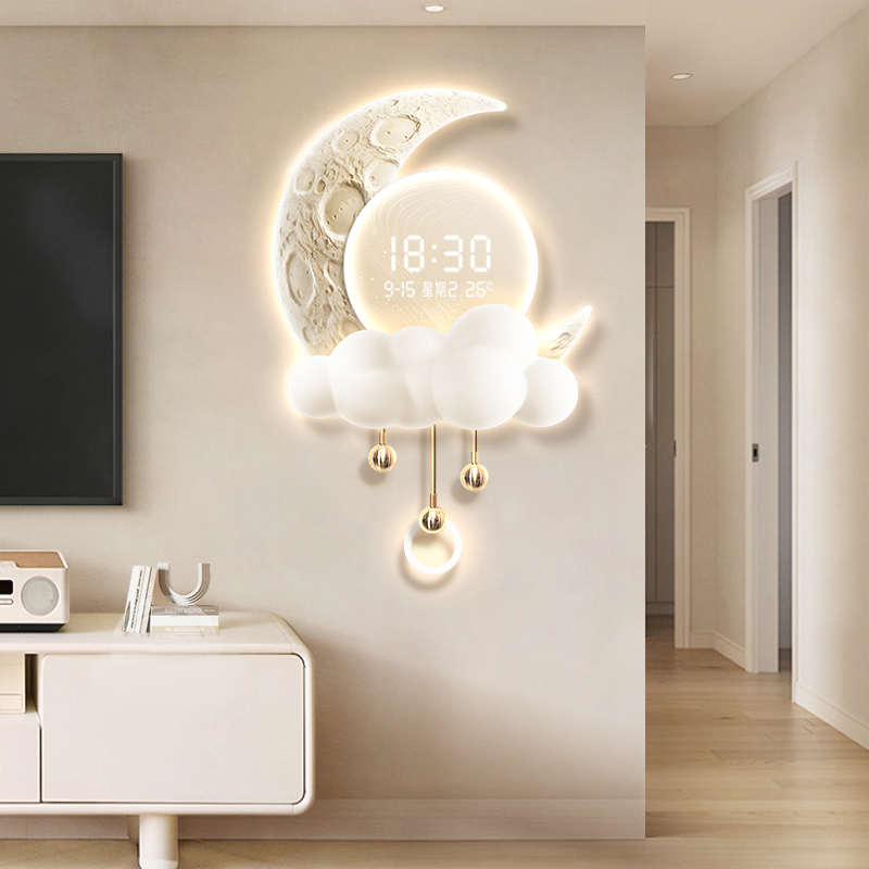 奶油风电视机背景墙装饰画带钟表数显高级感客厅挂件月球餐厅壁画