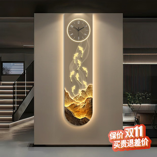九鱼图玄关装饰画时钟LED灯画长条别墅楼梯转角挂画寓意好新中式