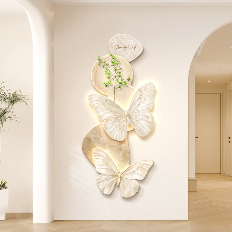 入户门正对墙法式奶油风玄关装饰画蝴蝶壁灯画走廊过道挂画高级感图片