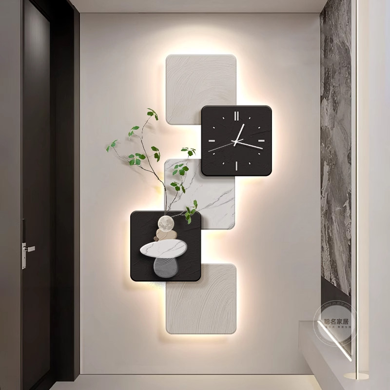 现代简约玄关装饰画挂钟2026新款走廊尽头过道挂画壁灯高级感钟表