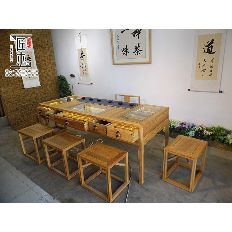 珠宝文玩中岛桌长方形展示桌实木展示台茶桌老榆木首饰多功能展柜