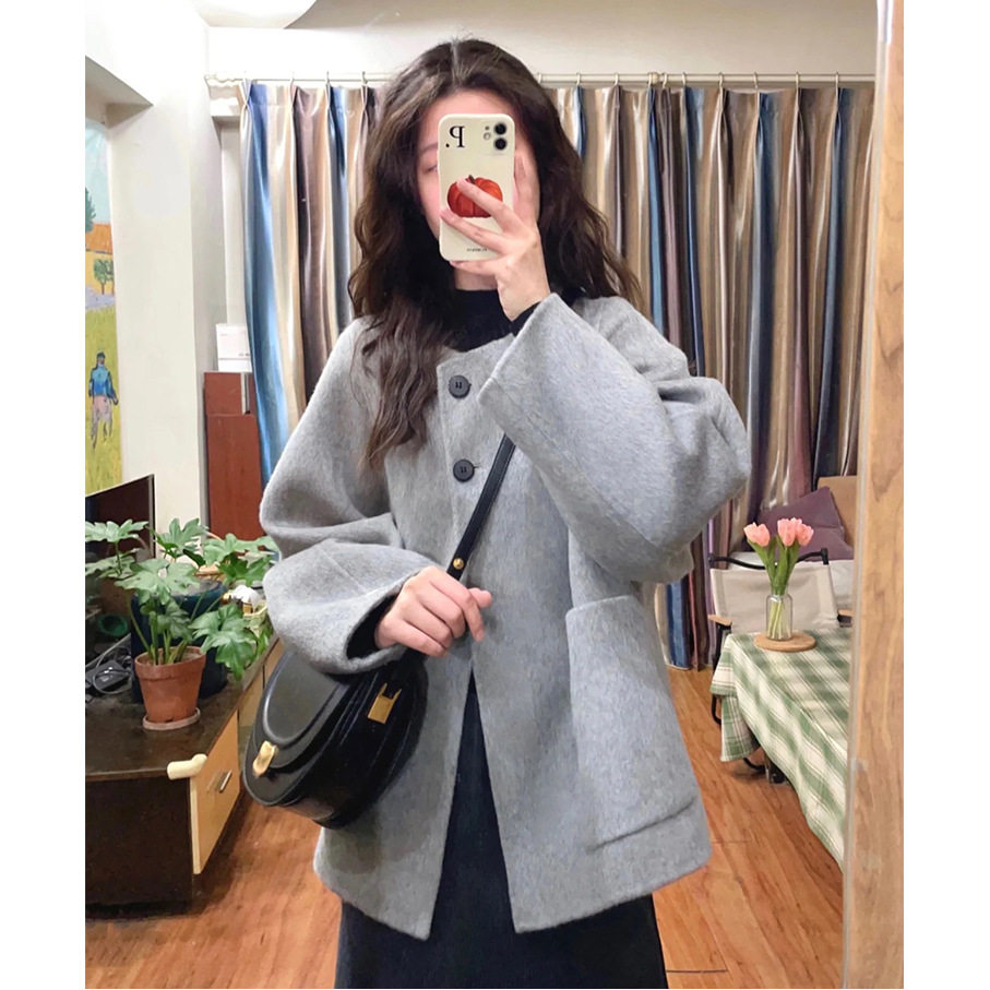 赫本风灰色毛呢外套女秋冬感超好看小个子大衣西装式上衣春秋薄款
