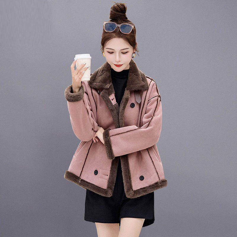 皮毛一体羊羔毛加厚外套女短款2024冬新款洋气仿鹿皮绒机车服夹克