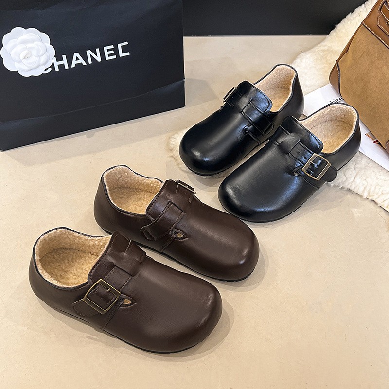 进口时尚皮面加绒勃肯鞋女2025新款秋冬季软底复古保暖防水单鞋毛