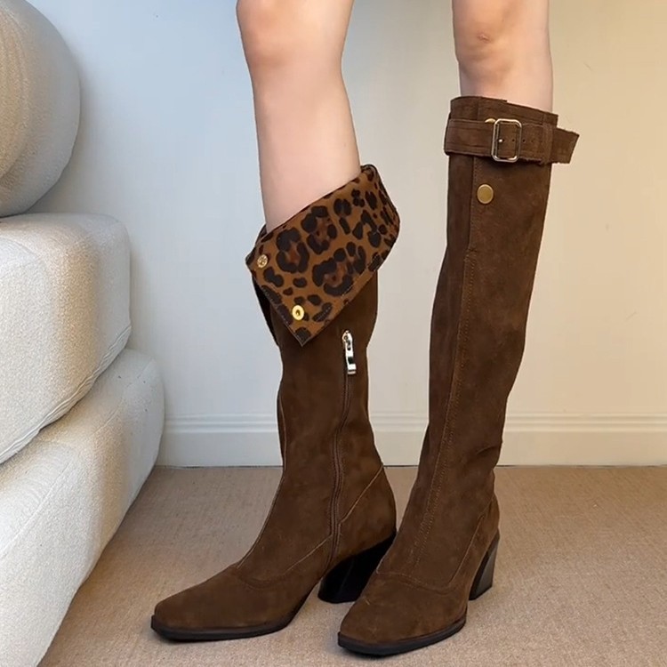 进口复古翻折两穿高筒堆堆靴皮带扣粗跟西部骑士靴女高跟不过膝长