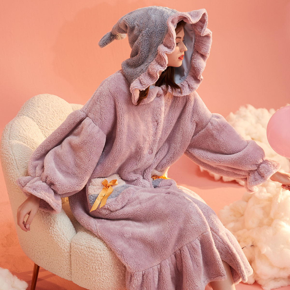 安之伴女秋冬珊瑚绒睡裙睡袍甜美卡通加厚公主风可外穿中长款睡衣