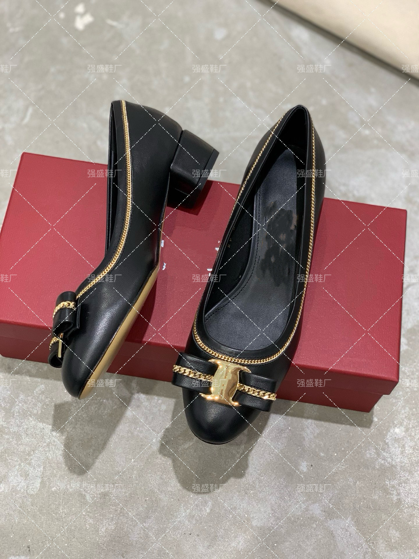 结圆头链条粗跟女鞋芭蕾舞浅口单鞋百搭单鞋真皮百搭上班通勤