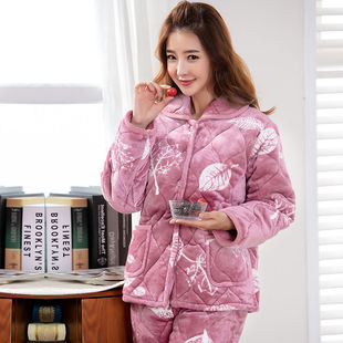 睡衣女冬季 夹棉法兰绒可爱珊瑚绒妈妈家居服 加厚保暖中老年人大码
