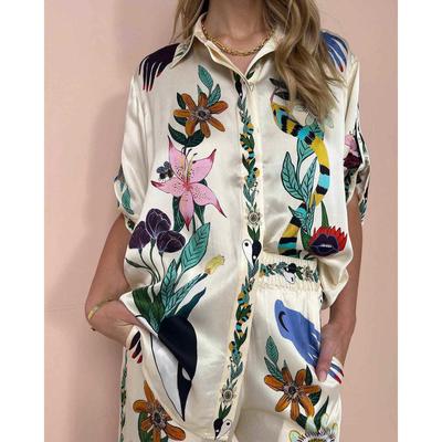 Printed satin short sleeved shirt+pants two-piece set 套装