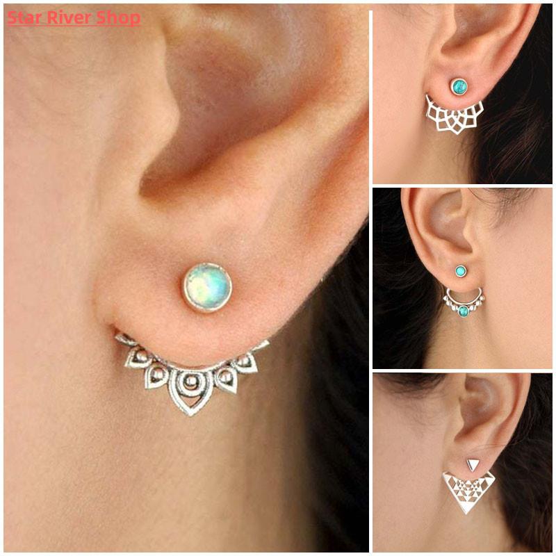 Bohemian Openwork Metal Lotus Opal Stud Earrings Vintage Jew