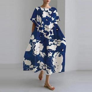 Loose round neck high-end short sleeved printed dress